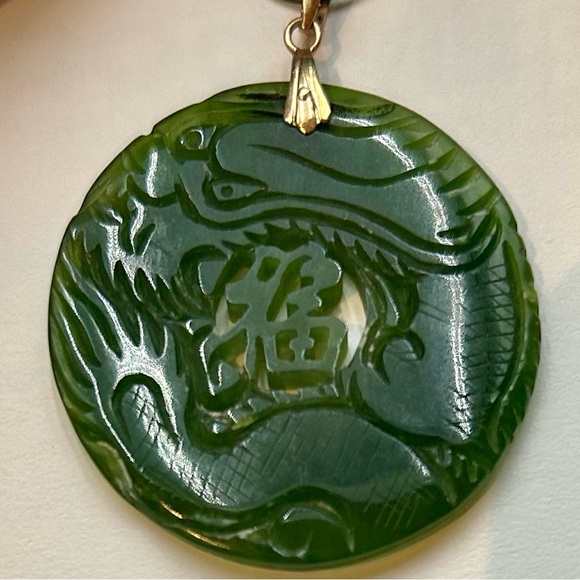 VintageHand Carved Gram Genuine Green Jade Dragon Round
